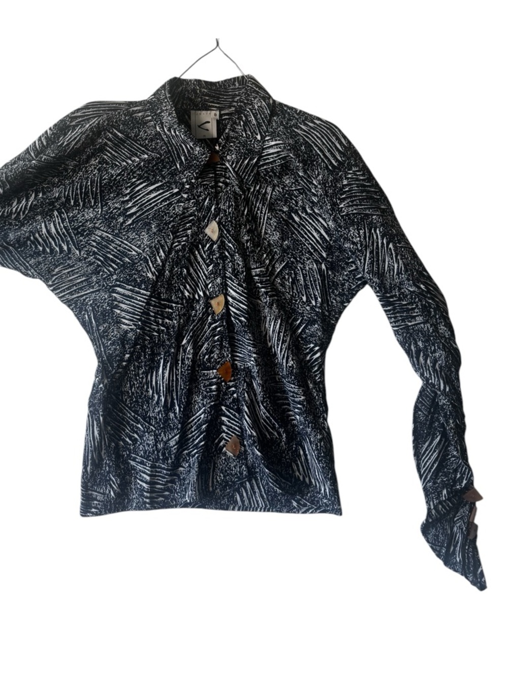 Julie V England 100% Silk 90s Abstract Animal Print Blouse 8 Top Light Blue Tan - Picture 5 of 16